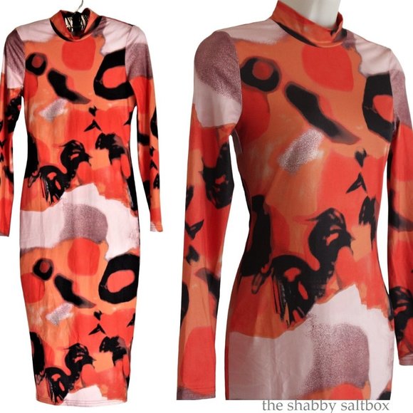 SHEIN SXY Long Bodycon Stretch Dress XS Abstract Halloween Orange Graphic Print - Picture 3 of 9